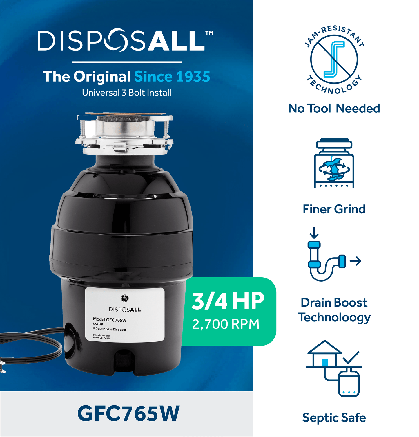 GE APPLIANCES GFC765W GE Disposall 3/4 HP Continuous Feed Garbage Disposer - Corded