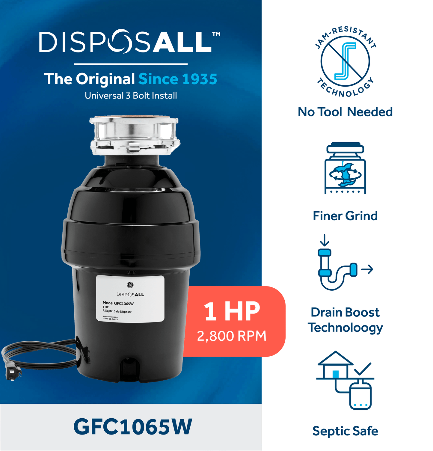 GE APPLIANCES GFC1065W GE Disposall 1 HP Continuous Feed Garbage Disposer - Corded