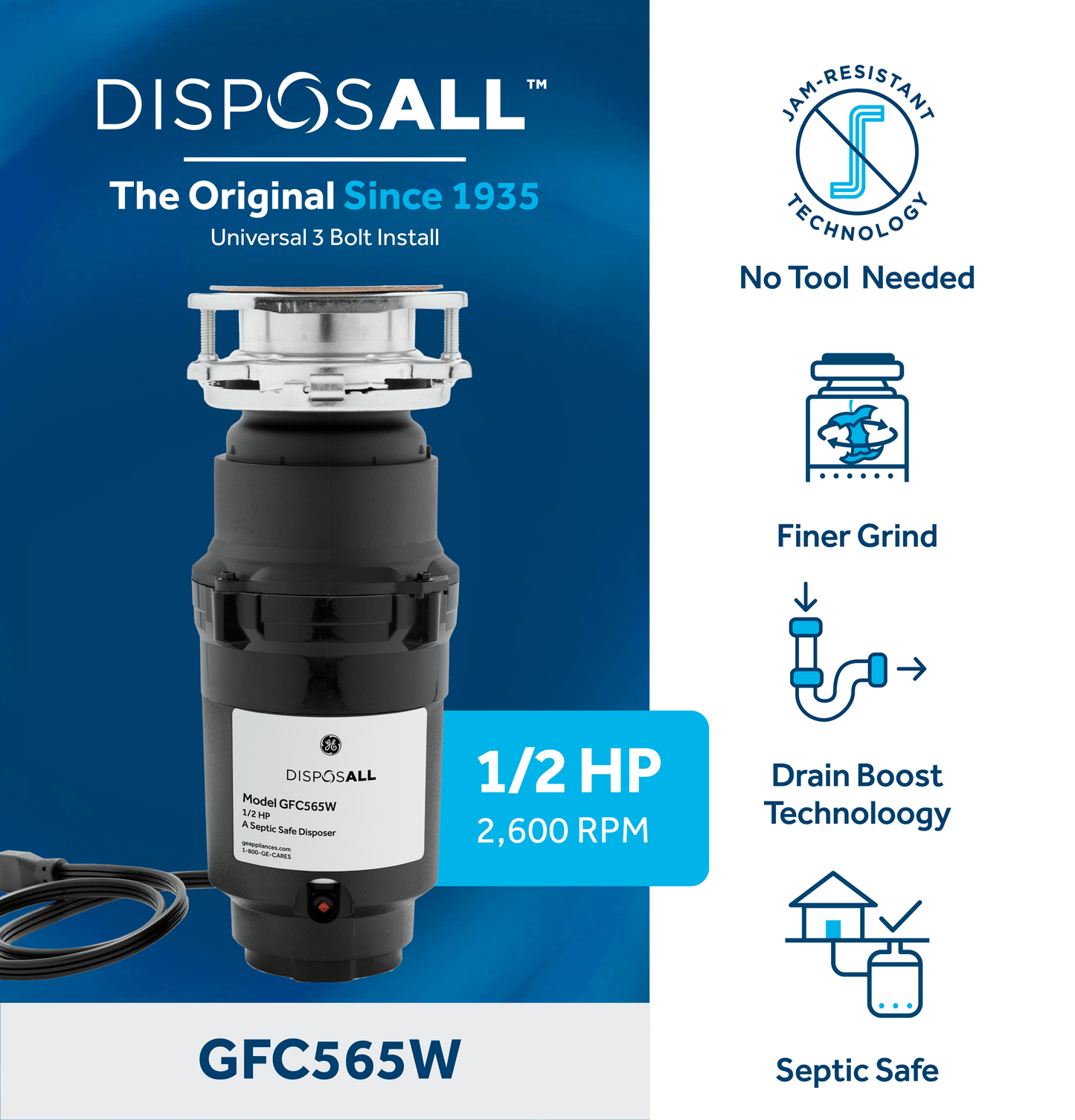GE APPLIANCES GFC565W GE Disposall 1/2 HP Continuous Feed Garbage Disposer Corded