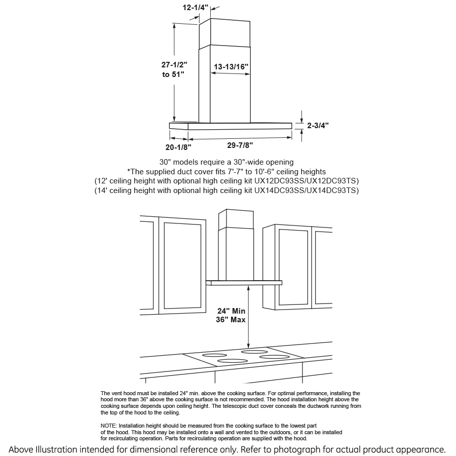 GE APPLIANCES UVW9301SLSS 30"" Wifi Enabled Designer Wall Mount Hood W/ Perimeter Venting
