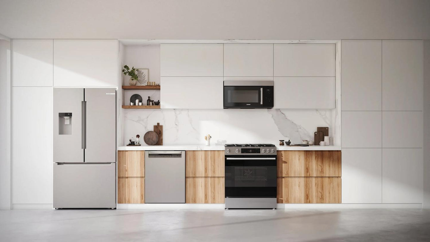 BOSCH HMV1055U 100 Series Over-the-range Microwave 30"" Left Sideopening Door, STAI...