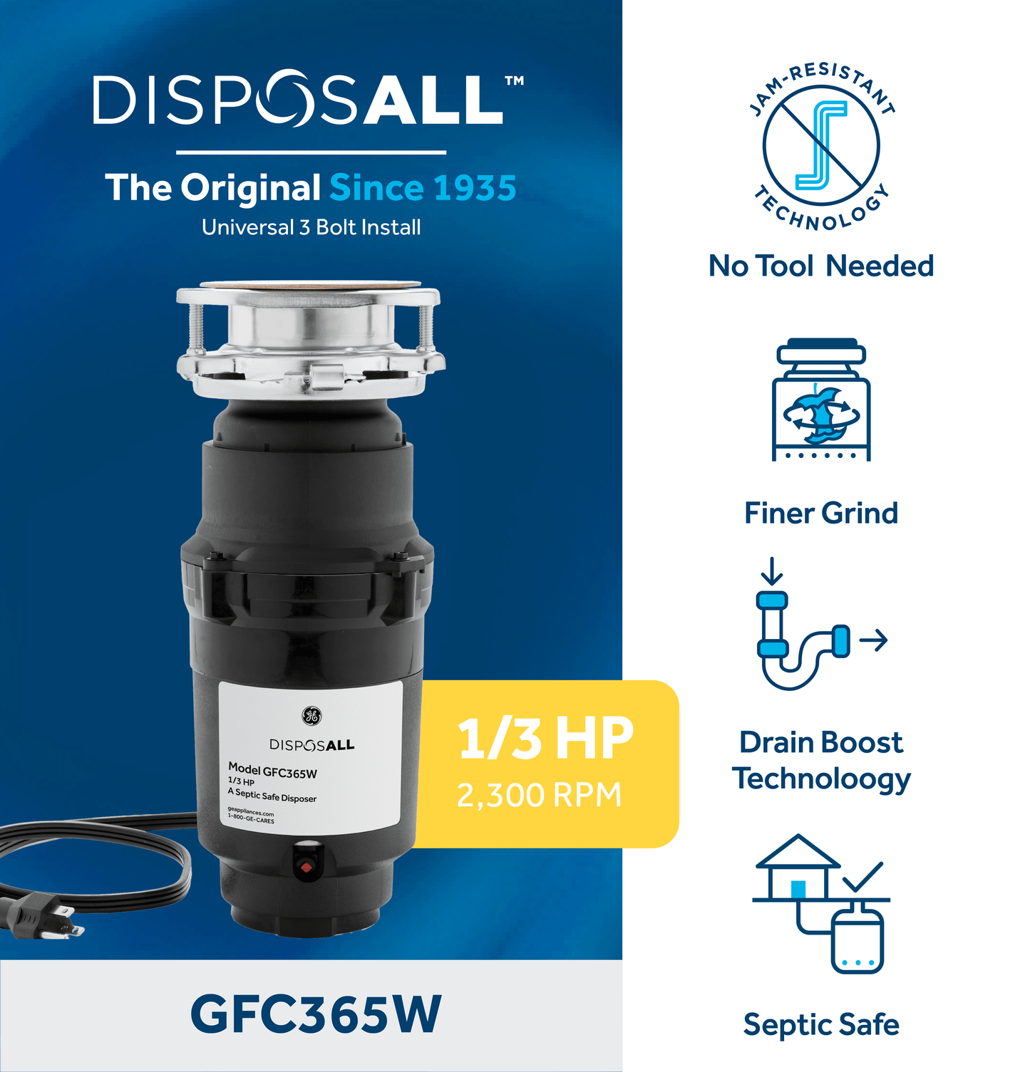 GE APPLIANCES GFC365W GE Disposall 1/3 HP Continuous Feed Garbage Disposer - Corded