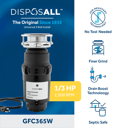 GE APPLIANCES GFC365W GE Disposall 1/3 HP Continuous Feed Garbage Disposer - Corded