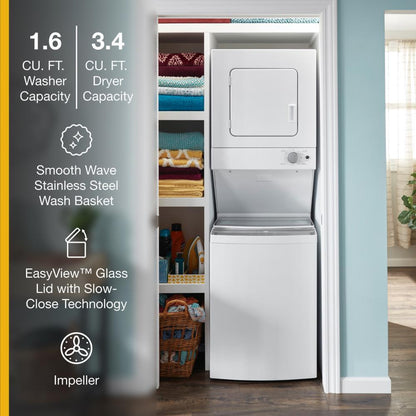 WHIRLPOOL WET4024HW Whirlpool 1.5 CU.FT Electric Stacked Laundry Center 6 Wash CYCLE...